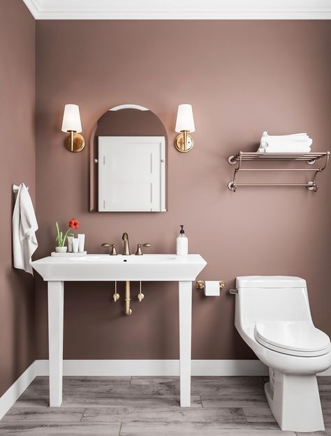 Frameless Arch Mirror, Mauve Bathroom, Bathroom Paint Color Ideas, Desert Bathroom, Sleek Toilet, Bathroom Paint Color, Green Bathrooms, Bathroom Wall Colors, Warm Bathroom