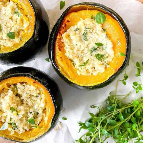 Gem Squash Recipes, Squash With Cheese, Microwave Squash, Quinoa Stuffed Squash, Gem Squash, Vegetarian Holiday Recipes, Low Histamine Foods, Stuffed Squash, Fibro Fog