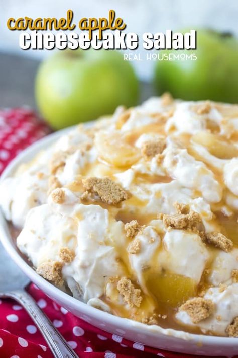 Light, fluffy and creamy this Caramel Apple Cheesecake Salad is a yummy #Falldessert that is the perfect end to any meal! #Apple #Carmel #Cheesecake #Salad #Realhousemoms Cheesecake Salad Recipe, Yummy Fall Desserts, Fall Desserts Apple, Cheesecake Salad, Apple Salad Recipes, Caramel Apple Cheesecake, Apple Cheesecake, Dessert Recipies, Fall Desserts Easy