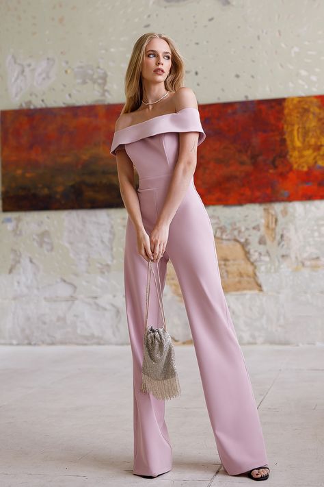 Experience romantic vibes with our Dusty Pink Off-the-Shoulder Jumpsuit. The delicate off-the-shoulder neckline and muted pink shade make it a charming choice for date nights and special events. #dustypink #stylish #jumpsuits #jumpsuit #offtheshoulder #formaloutfit #fashion #womenwear #womenfashion #womenstyle #chic #sophisticated Pink Formal Jumpsuit, Pink Jumpsuit Formal, Pastel Jumpsuit, Pink Jumpsuit Outfit, Graduation Ceremony Outfit Guest, Dusty Pink Outfit, Pink High-waist Jumpsuit For Party, Pink Jumpsuits Outfit, Jumpsuit Pink