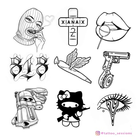 Gangsta Small Tattoo, Tattoo Ideas Trippy, Baddie Tattoo Flash Sheet, Gang Minimal Tattoo, Hedonism Tattoo, Gangsta Tattoos Stencil, Graffiti Tattoo Design, Cool Tattoo Designs, Baddie Tattoo Ideas Female