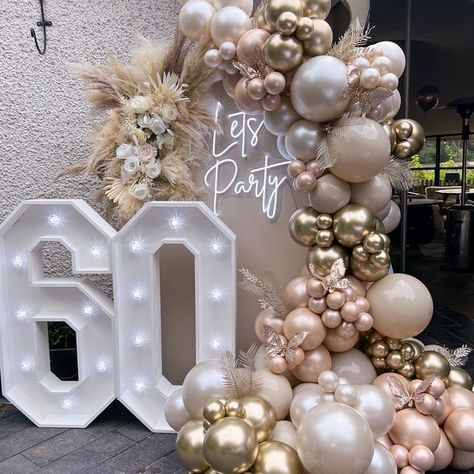 Balloon Decoration For 60th Birthday, Birthday Decoration Elegant, Boujee Birthday Decorations, 60th Decorations Birthday, Ballon Arches Birthday, 60 Birthday Party Decor, Rose Gold And Pink Birthday Party Decor, 60 Balloon Arch, 50th Birthday Colour Theme