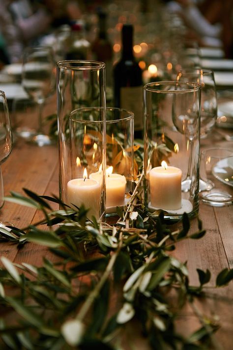 Olive Branch Wedding, Greenery Wedding Centerpieces, Wedding Candles Table, Olive Wedding, Tuscan Wedding, Candle Table, Table Runners Wedding, Fall Wedding Flowers, Tuscany Wedding