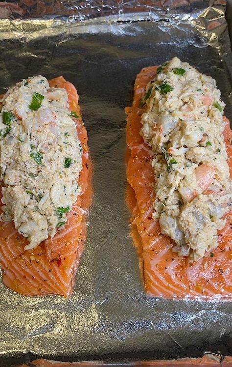 Stuff Salmon With Shrimp, Salmon Topped With Crab Meat And Shrimp, Stuffed Salmon Recipes Baked Crab Meat, Cedar Plank Crab Stuffed Salmon, Stuffed Salmon With Shrimp, Stuff Salmon With Crab Meat And Shrimp, Seafood Stuffed Salmon Recipes, Stuff Salmon With Spinach And Shrimp, Shrimp Stuffed Fish