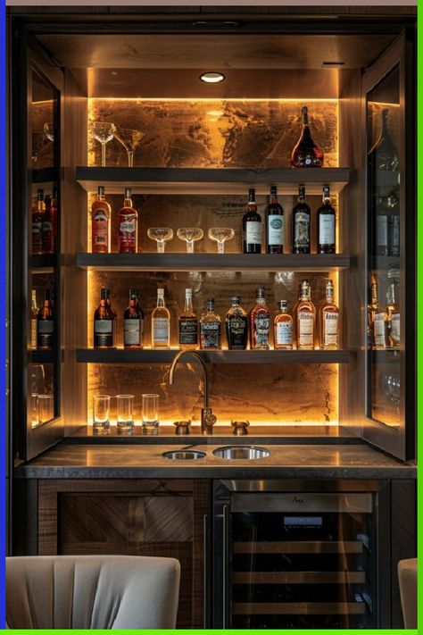 Bar Shelves Ideas, Home Bar Designs Luxury, Bar Backs, Luxury Bar Design, Bar Lounge Room, Bar Nook, Home Bar Ideas, Home Bar Rooms, Modern Home Bar