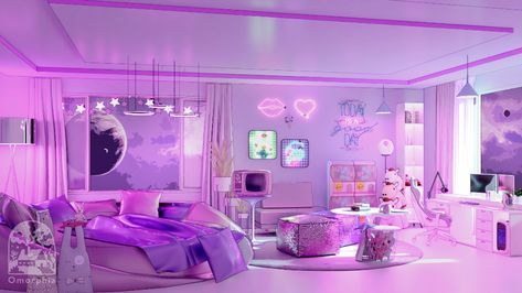 ArtStation - Choose Your Bedroom!, Omorphia Visual Futuristic Room Design, Futuristic Rooms, Neon Bedroom, Dorm Design, Purple Bedrooms, Stage Background, Purple Rooms, Aesthetic Space, Concert Stage