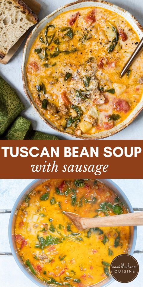 This Creamy Tuscan White Bean Soup is so warming and comforting, you’ll want to serve it throughout the cold weather months. Loaded with vegetables and spicy sausage, this soup is filling but packed with healthy ingredients too. White Bean Sausage Soup, Bean Soup With Sausage, Tuscan White Bean Soup, Bean And Sausage Soup, Soup With Sausage, Tuscan White Bean, Tuscan Bean Soup, Sausage Soup Recipes, Beans And Sausage