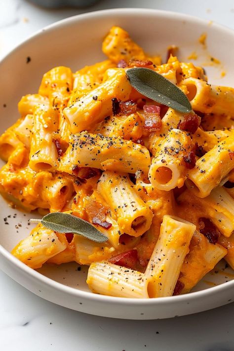 This creamy butternut squash pasta, with roasted garlic, sage, and bacon, is the perfect dish to cozy up with when you need something warm and satisfying. Butternut Squash Pasta Bake, Acorn Squash Pasta, Roasted Butternut Squash Pasta, Creamy Butternut Squash Pasta, Butternut Squash Pasta Sauce, Butternut Squash Sauce, Creamy Butternut Squash, Butternut Squash Pasta, Pasta Party