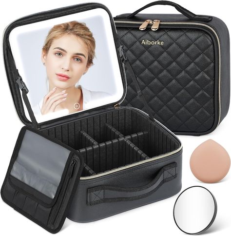 Aiborke Travel Makeup Bag with Led Mirror Make up Case with Lighted Mirror Cosmetic Organizer bag with Adjustable Dividers and 5X Magnifying Mirror Makeup Box Organizer Vanity Case for Women Makeup Box Organizer, Make Up Case, Cosmetic Bag Organization, Tech Gloves, Travel Makeup Bag, Mirror Makeup, Lighted Mirror, Vanity Organization, Magnifying Mirror