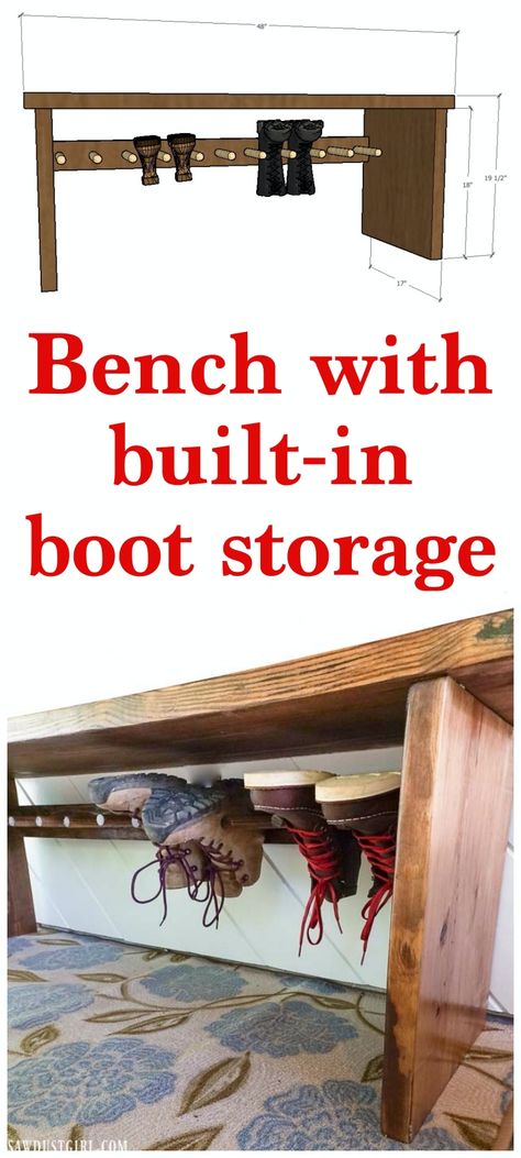 Build this bench with built-in boot storage. #bench #diyproject #plans #bootstorage #shoestorage #storage #organization Boot Storage Bench, Build A Bench, Sawdust Girl, Koti Diy, Boot Rack, Boot Storage, Mud Room Storage, Diy Bench, Boot Room