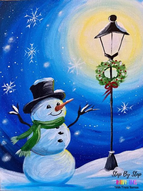 "Hopeful Snowman" Acrylic Painting Tutorial Snowman And A Lamppost - Step By Step Painting With Tracie Kiernan Beginners Watercolor, Diy Christmas Paintings, Christmas Canvas Art, Christmas Paintings On Canvas, Canvas Painting Tutorials, Learn How To Paint, Holiday Painting, Snowman Painting, Winter Painting