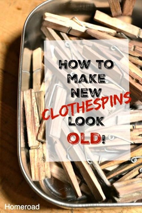 Want to make a new package of dollar store clothespins look like they've been around forever? This easy tutorial will show you how to age new clothespins to get the vintage look. Homeroad.net #clothespins #agingtechnique #vintagelook #vintage #diyproject #agingwood # Vintage Clothespins Ideas, Clothespin Painting, Cottagecore Diy Crafts, Clothespin Cross, Painted Clothes Pins, Clothespins Diy, Clothespin Diy Crafts, Wooden Clothespin Crafts, Repurposed Projects