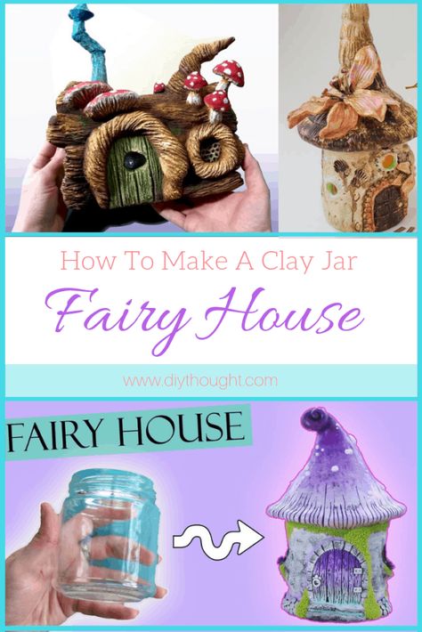 Fimo, Glass Jar Fairy House, Polymer Fairy Houses, Air Dry Clay On Glass Jars, Clay Covered Jars, Fairy House Diy How To Make A, Jar Fairy House, Fairytale Crafts, Fairy Jars Diy