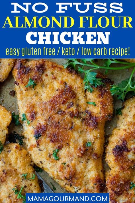 Low Carb Almond Chicken recipe is breaded in almond flour and parmesan for a no fuss, easy weeknight dinner the whole family will enjoy! Gluten free crispy baked chicken can be adapted to make gluten free, low carb chicken nuggets, tenders, or breasts using simple kitchen pantry ingredients. #glutenfreechicken #almondflourchicken #lowcarb #keto #nuggets #tenders Keto Nuggets, Almond Flour Chicken, Gluten Free Chicken Nuggets, Flour Chicken, Baked Breaded Chicken, Chicken Cutlet Recipes, Gluten Free Chicken Recipes, Almond Chicken, Baking With Almond Flour