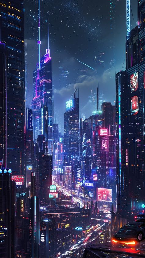 #Neon #Urban Nightscape: A bustling #cyberpunk #cityscape illuminated by #neon lights with towering #skyscrapers dominating the night skyline. #cyberpunk #neon #skyscrapers #cityscape #urban #aiart #aiphoto #stockcake ⬇️ Download and 📝 Prompt 👉 https://stockcake.com/i/neon-urban-nightscape_115577_11341 Night City Aesthetic Cyberpunk, Neon Dystopia Aesthetic, Tokyo Cyberpunk Aesthetic, Fantasy Cyberpunk City, Cyberpunk Party Decorations, Cities At Night Aesthetic, Night Building Aesthetic, Building Cyberpunk, Cyberpunk Skyscraper