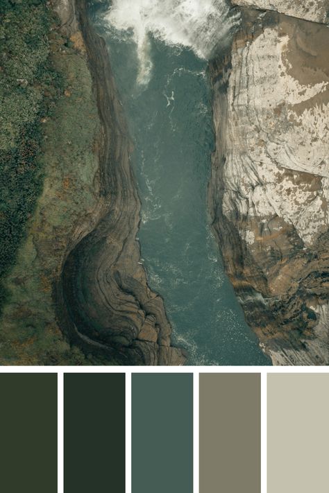 This palette presents a waterfall and river winding through a rocky landscape. The earthy greens of the surrounding vegetation, the deep blues of the water, and the browns and grays of the rocks create a natural and grounding palette. The colors reflect the rugged and serene beauty of the environment. Earthy Cool Color Palette, Green Tones Palette, Rock Color Palette, Earth Color Palette, Earthy Logos, Earth Palette, Color Scheme Generator, Earth Colour Palette, River Logo