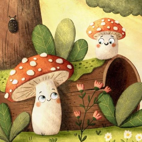 Celebrating Marina's #marina1k with her super cute #dtiys. I'm slowly easing out of snowy illustrations but couldn't help include a little flurry in this! . Swipe to see Marina's original, the sketch and a close up of the lil bug in case you missed them>>> . @miraillustrator #artchallenge #mushrooms #forest #childrensbookillustration #challenge #cute #character #childrensillustration #cartoon #procreateillustiration #kidlitillustration #kidlitart #illustrationforkids #cartoonstyle #character... Cute Mushroom Illustration, Mushroom Characters, Mushroom Character, Flower Character, Art Mushrooms, Cute Animal Character, Mushroom Theme, Illustration Forest, Cartoon Forest