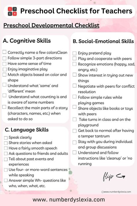 Here is we explore the Preschool Checklist For Teachers. In this article two important checklists every preschool teacher needs to evaluate students and their learning environment. The first one is the preschool developmental checklist, and the second is preschool classroom quality checklist. Both checklists are available for you in PDF format and are totally free!. #checklist #learning #preschoolteacherchecklist #Developmentchecklist. You can download the checklist the link is given below as: Developmental Checklist, Kindergarten Checklist, Preschool Checklist, Preschool Portfolio, Classroom Checklist, School Psychology Resources, Daycare Curriculum, Early Childhood Education Resources, Preschool Assessment