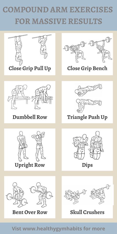 It can be difficult to add noticeable size onto smaller muscles like arms. Compound exercises for arms are an effective way to gain mass, tone arms and lift more weight. Click the link to see our 8 favorites! #arms #armworkout #biceps #healthygymhabits Compound Pull Exercise, Compound Chest Exercises, Compound Bicep Workout, Compound Bicep Exercise, Bicep Compound Exercise, Compound Arm Workout, Compound Strength Exercises, Compound Ab Exercises, Compound Lifts Workout