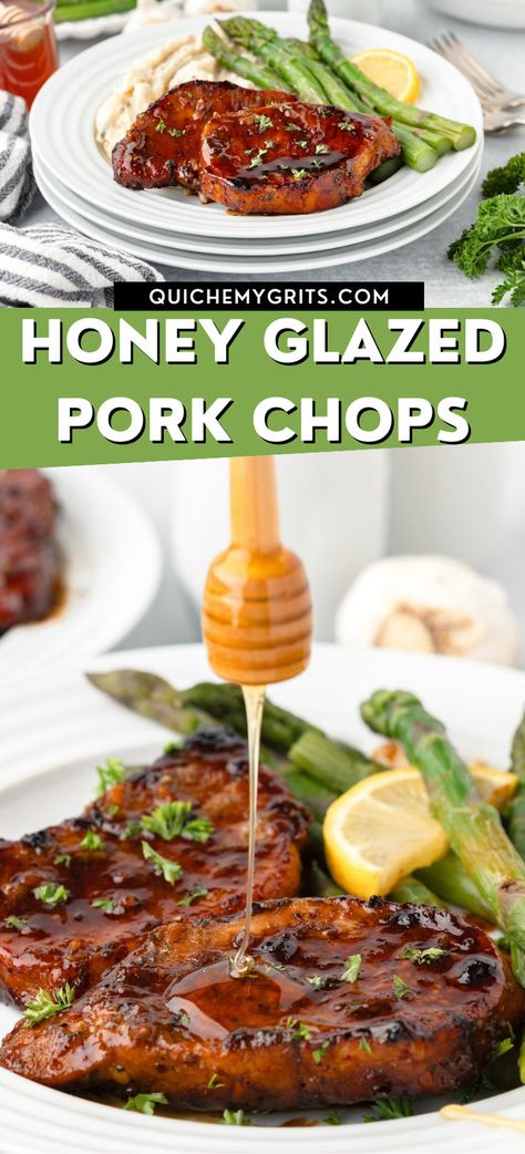 A graphic with two photos depicting honey glazed pork chops. Pork Chop Marinade Recipes, Honey Glazed Pork Chops, Glazed Pork Chops Recipes, Honey Pork Chops, Pork Chop Marinade, Skillet Pork Chops, Honey Garlic Pork Chops, Bbq Pork Chops, Pork Sauce