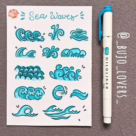 ᗷᑌᒍO & ᗩᖇT IᑎᔕᑭIᖇᗩTIOᑎ on Instagram: “Wave doodle ideas🌊 Which one do you like the most? • Follow @_bujo_lovers_ for more BuJo and art inspirations🎨💕 • #bujoinspire #stationery…” Waves Doodle Simple, Wave Doodle, Wave Drawing, Bulletin Journal Ideas, Doodle Ideas, Notes Art, Art Journal Therapy, Bullet Journal Diy, Bullet Journal Aesthetic