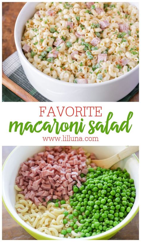 This simple, creamy macaroni salad is loaded with pasta, peas, and ham. It's perfect for parties, family dinners, and potlucks! #macaronisalad #macaroni #salad #pastasalad #sidedish Macaroni Dishes, Macaroni Salad With Ham, Ham Pasta Salad, Savory Potato Salad, Antipasto Platters, Pasta Peas, Homemade Macaroni Salad, Creamy Macaroni Salad, Chicken Macaroni Salad