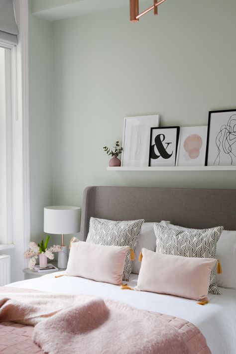 Pastel Interior designed by Rukmini Patel Interior Design. See more pastel interiors at www.rukminipatel.com Pale Green Pink Bedroom, Light Green And Pink Bedroom, Green Bedroom Walls, Design Ložnic, Green Bedroom Decor, Pastel Bedroom, Pastel Interior, Sage Green Bedroom, Sage Green Walls