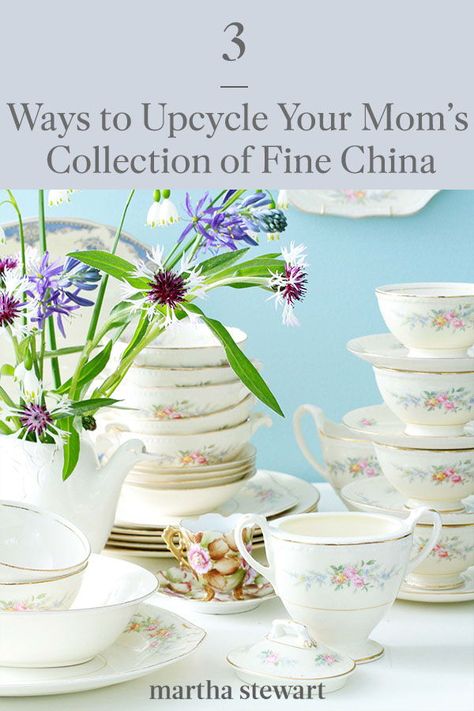 Put that inherited fine dishware to good use with one of these three ways to upcycle fine China around your home. See the full instructions for these creative home decor DIYs, or make one as a handmade gift for family members. #marthastewart #diydecor #diyprojects #diyideas #handmadegiftideas Ideas For Old China Dishes, Uses For Old China Dishes, What To Do With Grandmas China, China Plate Crafts, China Repurposed Ideas, Using China Everyday, Decorating With China Dishes, Crafts With China Dishes, Decorating With Dishes