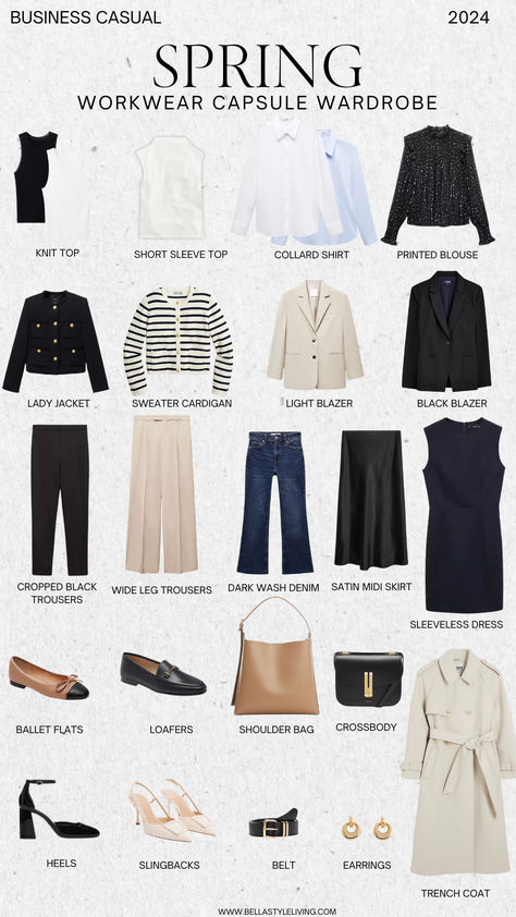 workwear capsule wardrobe Spring Work Capsule Wardrobe 2024, Spring Outfits Office Style, Stylish Business Outfits For Women, Work Capsule Wardrobe Business Casual, Spring Work Outfits Office Chic, Corporate Capsule Wardrobe, Dressing Capsule, Work Outfits Women Spring, Spring Business Outfits