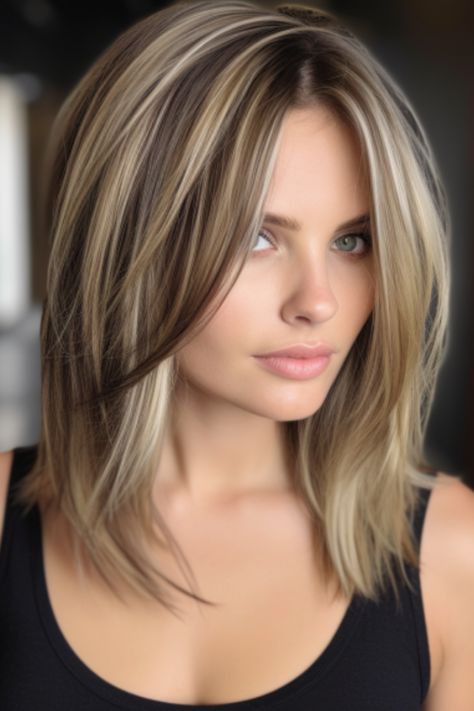 Choose a bold and modern hairstyle with chunky highlights and a dark root effect. Dark roots make chunky highlights clearly visible in them, which look bold and trendy. Click here to check out more best blonde hair with dark root ideas to try this year. Light Beige Highlights, Bold Blonde Highlights On Dark Hair, Best Highlights For Blonde Hair, Blonde Highlights On Dark, Medium Modern Haircut, Hilites On Dark Brown Hair, Women Hair Color Ideas Highlights, Shadow Roots Hair Brunette To Blonde, Blonde Hair With Dark Blonde Lowlights