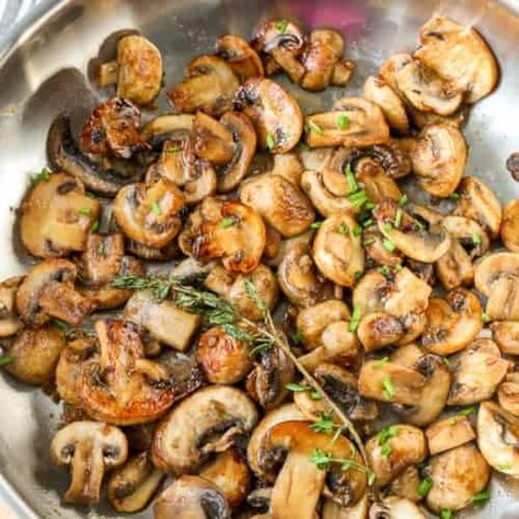 Sauteed Mushrooms with Garlic PREP TIME 5 minutes COOK TIME 8 minutes TOTAL TIME 13 minutes SERVINGS 4 servings AUTHOR Holly Nilsson COURSE Side Dish CUISINE American Sauteed Mushrooms are an amazing side dish or make a great topping for steaks or burgers! The key to the deep rich flavor is to allow the mushrooms to caramelize. Ingredients 1 lb white or brown mushrooms or cremini or portobello 1 tablespoon soy sauce 2 tablespoons olive oil 2 tablespoons butter 1/4 cup white wine optional 1 spri Steak Dinner Sides, Baked Potato Skins, Portobello Mushroom Recipes, Ribeye Steak Recipes, Beef Barley, Beef Barley Soup, Quick Side Dishes, Spend With Pennies, Fried Mushrooms