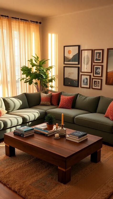 Discover the warmth of a cozy living room, where golden sunlight dances through sheer ivory curtains. A plush teal sectional beckons relaxation, adorned with vibrant throw pillows that pop with color. At the heart, a rustic wooden coffee table holds curated coffee table books, a charming succulent, and a vintage candle holder. Framed artworks line the walls, while a lush indoor plant breathes life into the space. This inviting retreat is perfect for gatherings and relaxation. #CozyHome #InteriorDesign #LivingRoomInspiration