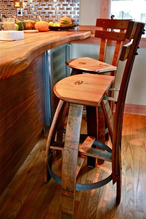 Wine barrel bar stools Barrel Bar Stools, Wine Barrel Bar Stools, Log Bar Stools, Wine Barrel Chairs, Wine Barrel Decor, Wine Barrel Crafts, Wine Barrel Bar, Wine Barrel Table, Whiskey Barrel Furniture