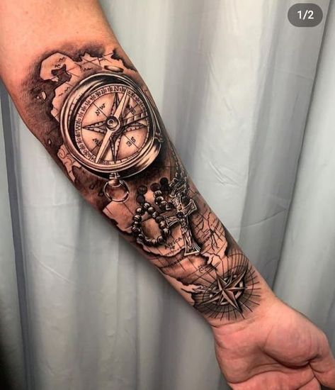 Compass And Map Tattoo, Nautical Tattoo Sleeve, Arm Tattoos For Guys Forearm, Sleeve Tattoos For Men, Half Sleeve Tattoos Forearm, Map Tattoo, Half Sleeve Tattoos, Half Sleeve Tattoos Drawings, Men Tattoos Arm Sleeve