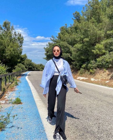 Purple Shirt Outfit Hijab, Light Blue Hijab Outfit, Blue Chemise Outfit Hijab, Blue Blouse Outfit Hijab, Blue Striped Shirt Outfit Hijab, Blue Shirt Outfit Hijab, Light Blue Striped Shirt Outfit, Light Blue Jacket Outfit, Light Blue Shirts Women