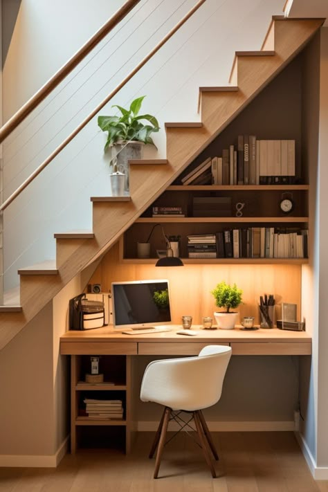 Desk Under Stairs, Office Under Stairs, Under Stairs Nook, Room Under Stairs, Stair Nook, Space Under Stairs, تحت الدرج, Wooden House Design, Stairs Ideas