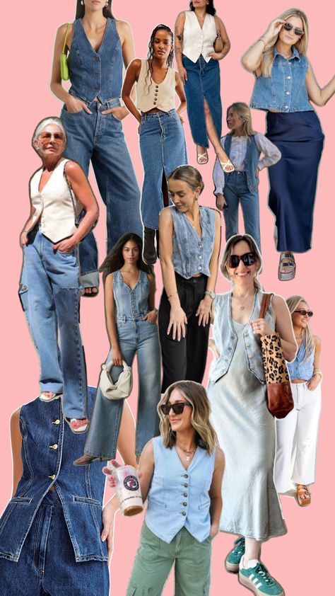 Different denim vest outfit ideas for casual outfits for everyday looks in warmer weather. Denim Vest Outfit Ideas, Denim Vest Outfit Summer, Denim Vest Outfits, Denim Party Outfit, Chic Denim Outfits, Vest Outfits Aesthetic, Jean Vest Outfits, Vest Outfit Ideas, Denim Vest Outfit