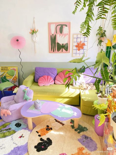 Saturated Room Aesthetic, Funky Retro Aesthetic Home, White Lounge With Bright Colours, Eclectic Danish Decor, Maximalist Decor Pastel, Maximalist Pastel Decor, Funky Pastel Room, Funky Retro Bedroom Ideas, Coconut Girl Aesthetic Room Decor