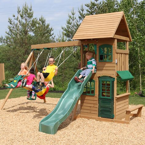 Windale Wooden Playset | KidKraft Europe Backyard Playset, Patio Grande, Cedar Lumber, Wooden Playset, Sand And Water Table, Wooden Swing, Big Backyard, Playset Outdoor, Wooden Swings