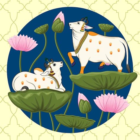 Cow And Lotus Pichwai, Traditional Pichwai Paintings, Cute Drawings Paintings, Cow And Lotus Painting, Cute Cow Art Drawing, Pichwai Paintings Lotus And Cow, Cow Art Painting, Pichwai Art Paintings Cow, Pichwai Cow Sketch Outline