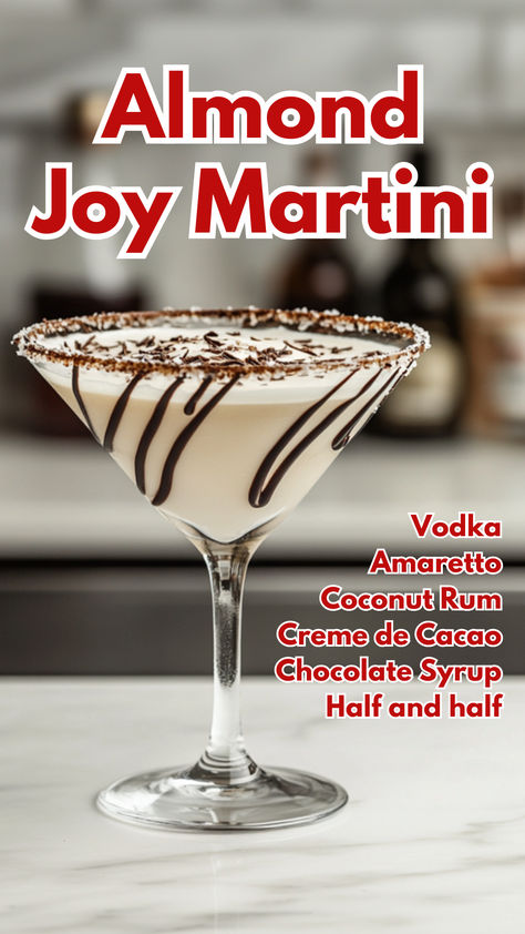 Almond Joy Martini Coconut Rum Cocktails, Amaretto Cocktails, Coconut Martini, Dessert Cocktails, Cocktail Cards, Christmas Drinks Alcohol Recipes, Best Cocktail Recipes, Rum Cocktails, Classic Candy