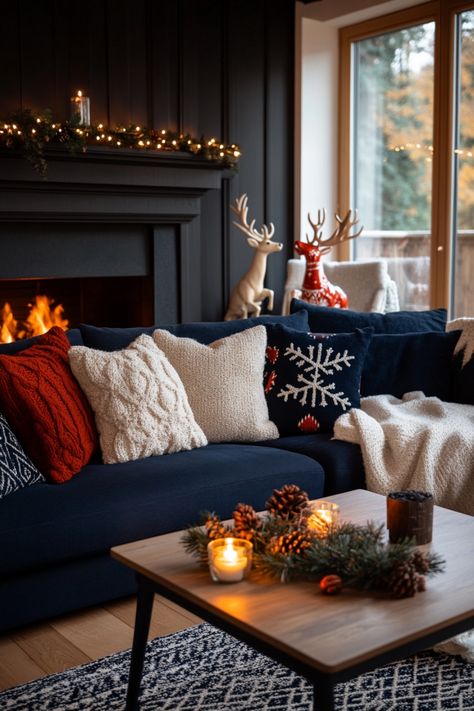 Have the coziest winter possible with these decor ideas and tips. Christmas Decor With Blue Couch, Christmas Living Room Couch, Blue Sofa Christmas Decor, Blue Couch Living Room Christmas Decor, Navy Blue Living Room Christmas Decor, Blue Living Room Christmas Decor, Blue Couch Christmas Decor, Blue Christmas Decor Living Room, Christmas Decor Ideas Couch