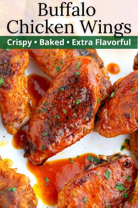 These Oven-Baked Buffalo Wings are tender and juicy on the inside, perfectly crispy on the outside, and covered in the best spicy buffalo sauce. Serve as an appetizer or finger food for pizza night, game night, or just for fun! Buffalo Wings Oven Baked, Buffalo Wings In The Oven, Buffalo Chicken Wings In The Oven, Oven Buffalo Wings, Oven Baked Buffalo Wings, Baked Buffalo Chicken Wings, Buffalo Wings Recipe Baked, Chicken Wings Crispy, Wings Crispy