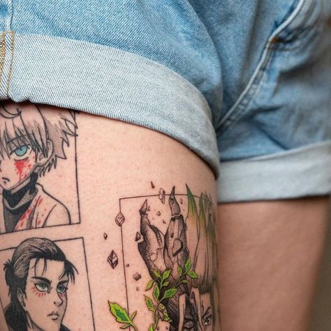 Anime Panel Tattoo Leg Sleeve, Anime Leg Tattoos Women, Anime Tattoo Leg Sleeve, Leg Tattoos Anime, Anime Leg Tattoo, Anime Leg Sleeve Tattoo, Tattoo Leg, 2023 Love, Manga Tattoo