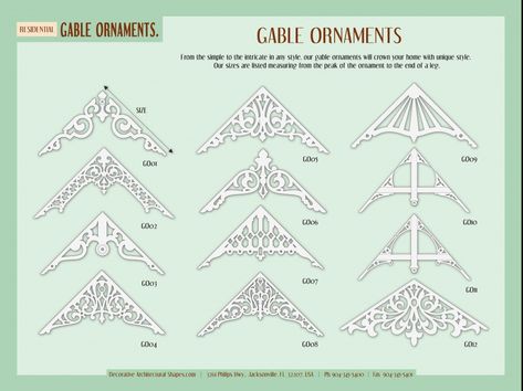 Pediment definition - Gable decorations - Gable brackets - Gable pediments Gable Roof Design, Roof Brackets, Gingerbread Trim, Roof Sealant, Gable Trim, Foam Factory, Architectural Shapes, Exterior Of House, Outdoor Glider