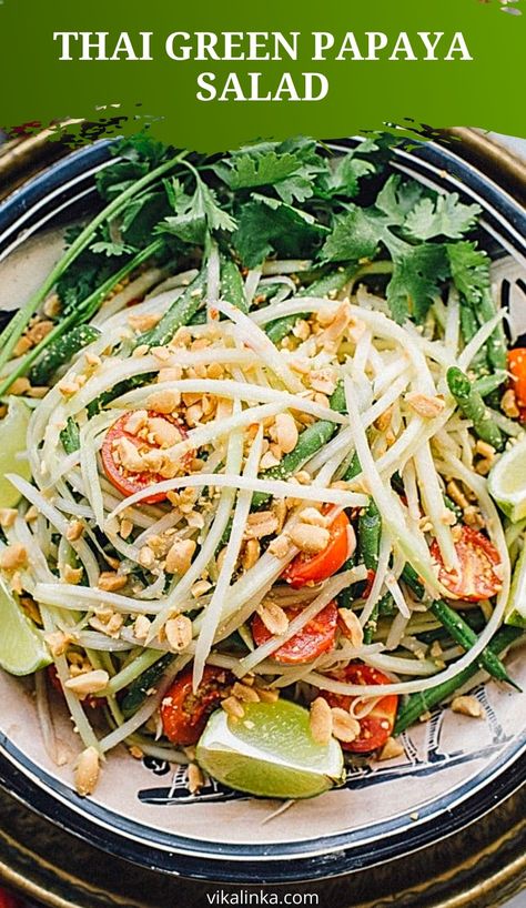 Prepare for your tastebuds to be tantalised with this Thai Green Papaya Salad! Som Tam delivers so many flavours at once. Sweet, sour, salty, spicy. Yum! Thai Salads Recipes, Thai Side Salad, Som Tam Recipe, Thai Party Food, Thailand Salad, Somtam Salad, Papaya Salad Dressing, Thai Inspired Salad, Mango Thai Salad