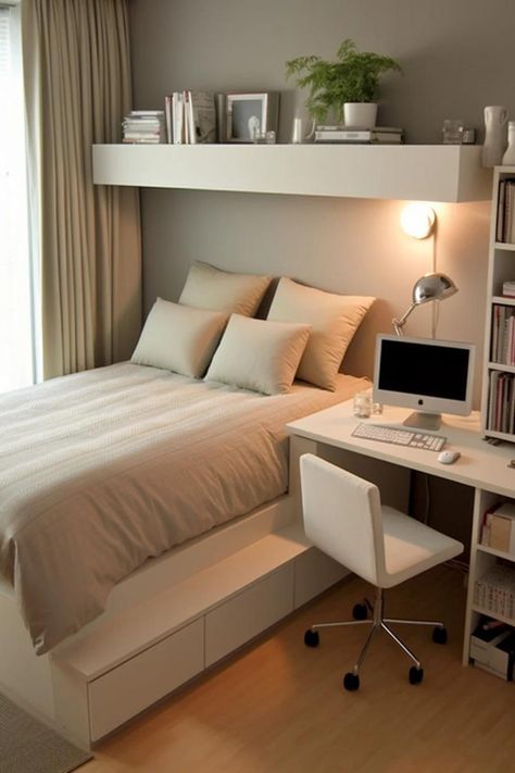 Love this clever design! Built-in storage under the bed and a compact desk setup make this small bedroom feel spacious and organized. Explore more space-saving bedroom ideas in our blog post! #smallbedroomideas #spacesavingtips #smallspacehacks #tinybedroomdecor Ikea Tiny Bedroom Ideas, Bed And Desk Layout Small Room, Small Bedroom Ideas With Tv, Small Bedroom Inspirations Space Saving, Desk Beside Bed, Small Box Room Ideas, Bed With Storage And Desk, Small Bedroom With Desk, Desk Under Bed