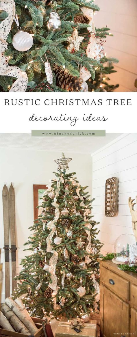 Planning a rustic Christmas theme this year? This rustic Christmas tree includes natural decorations like woodland ornaments and vintage lace. Woodsy Christmas Tree Decor, Outdoorsy Christmas Tree, Woodland Animal Christmas Tree, Rustic Christmas Tree Themes, Log Cabin Christmas Tree, Woodsy Christmas Tree, Rustic Xmas Tree, Rustic Christmas Tree Decorations, Woodland Christmas Theme