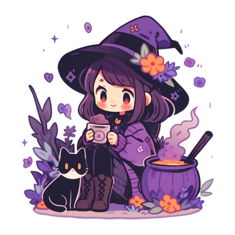 Cute Kawaii Halloween Purple Pastel Witch with a Cauldron and Her Cat Sticker Cat Drawing Sticker, 2 Witches Art, Witch With Cat Art, Chibi Halloween Art, Kawaii Witch Aesthetic, Witch Cat Drawing, Cute Anime Witch, Pastel Witch Aesthetic, Cute Witch Illustration