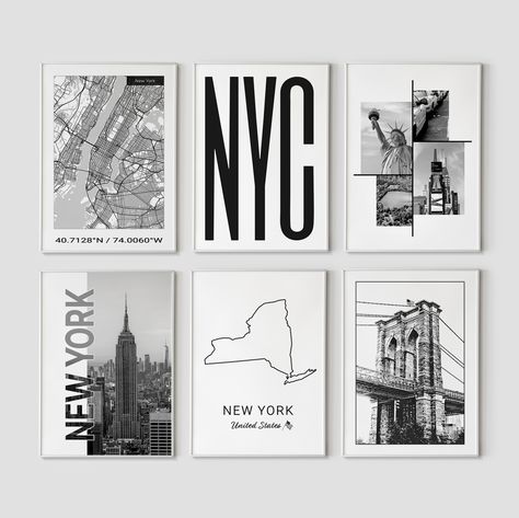 New York wall art New York Themed Nursery, City Bedroom Decor, New York Gallery Wall, New York Room Decor, Nyc Themed Bedroom, New York Themed Bedroom, New York Style Bedroom, Nyc Room Aesthetic, Nyc Typography